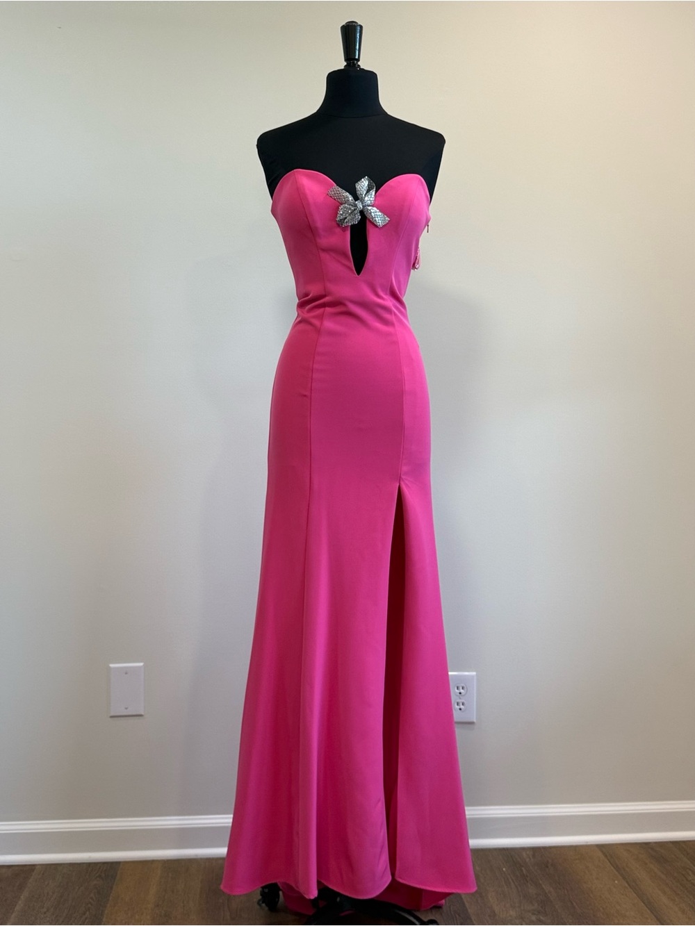 Strapless Hot Pink Evening Gown with Crystal Bow Accent